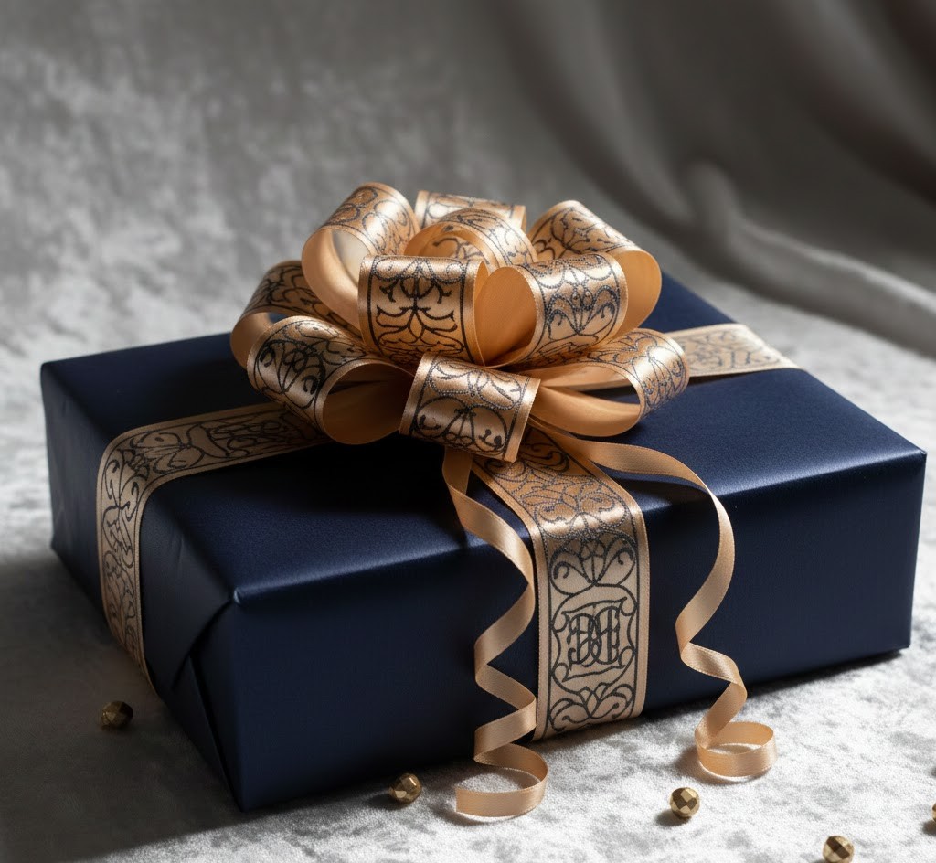 Bespoke wrapped gift with intricate bow